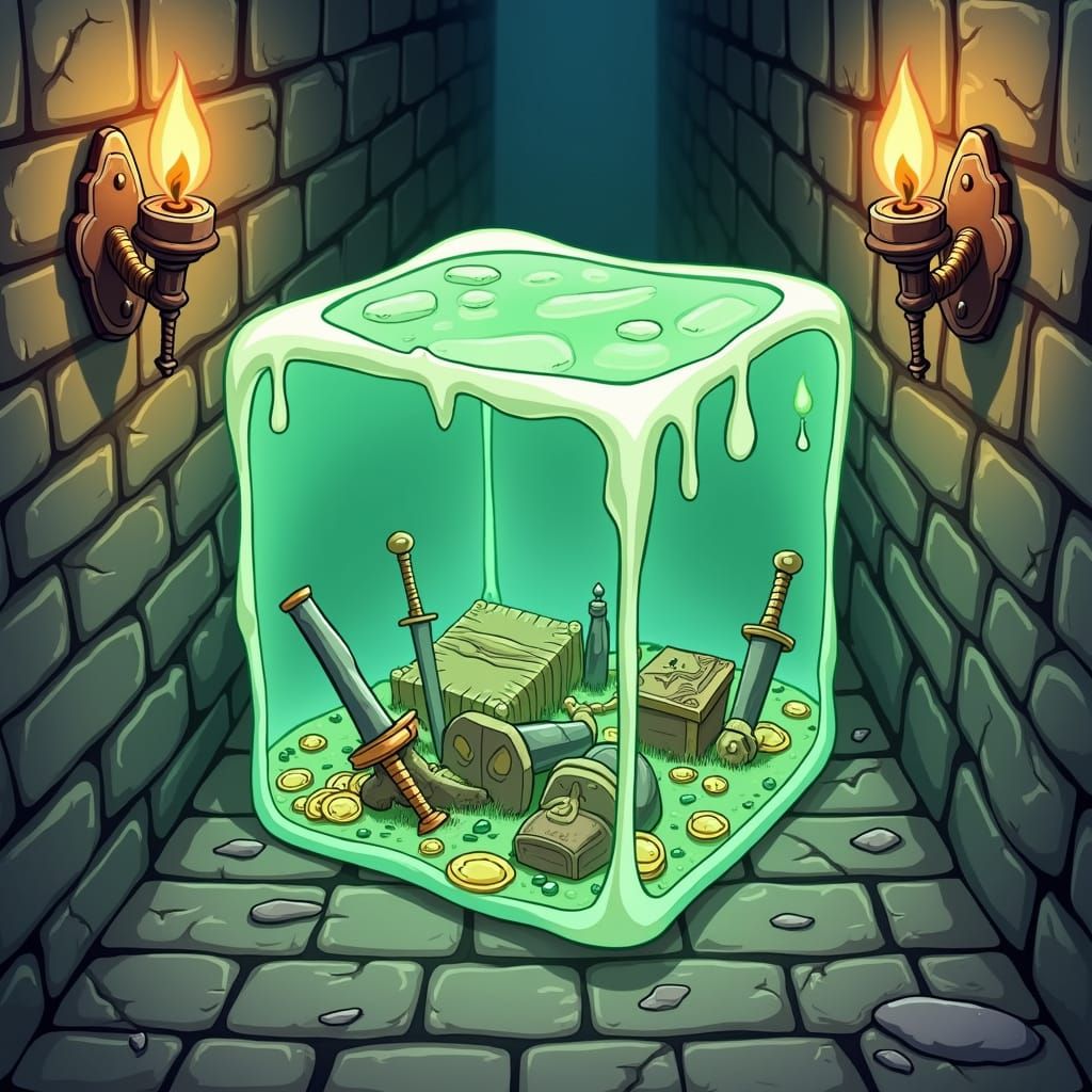 Cartoon Gelatinous Cube in Dungeon Illustration