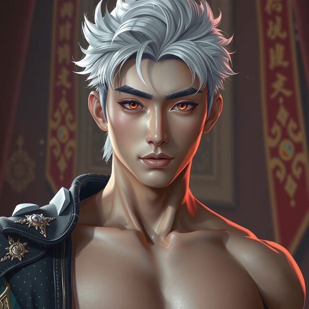 Elegant Korean Prince with White Hair and Red Eyes