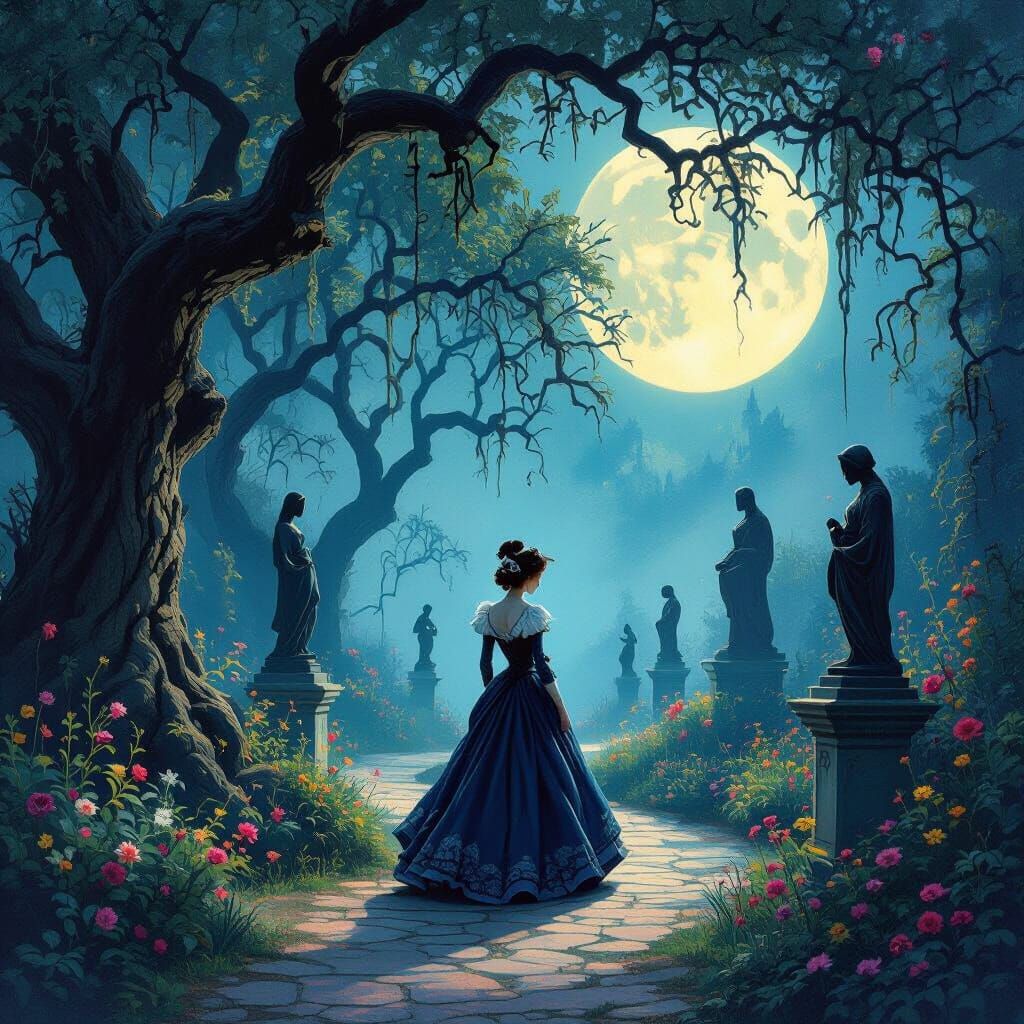 Southern Belle in a Mystical Moonlit Garden