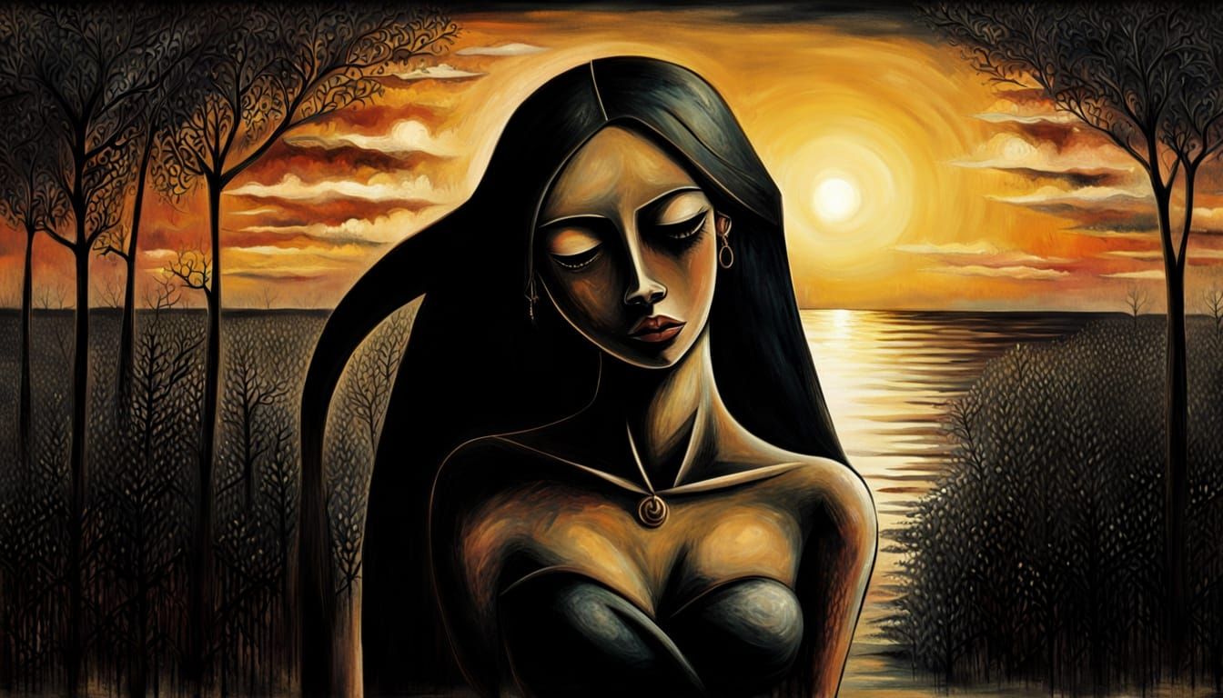Sad Weeping Woman At Sunset, Chiaroscuro Lighting