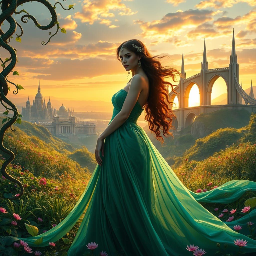 Ethereal Queen of the Underworld in Vibrant Landscape