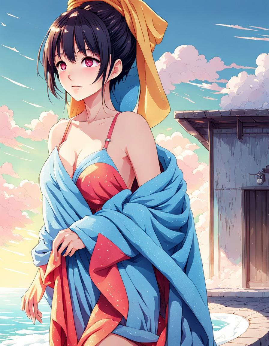 Anime Girl in Towel with Detailed Color Shading