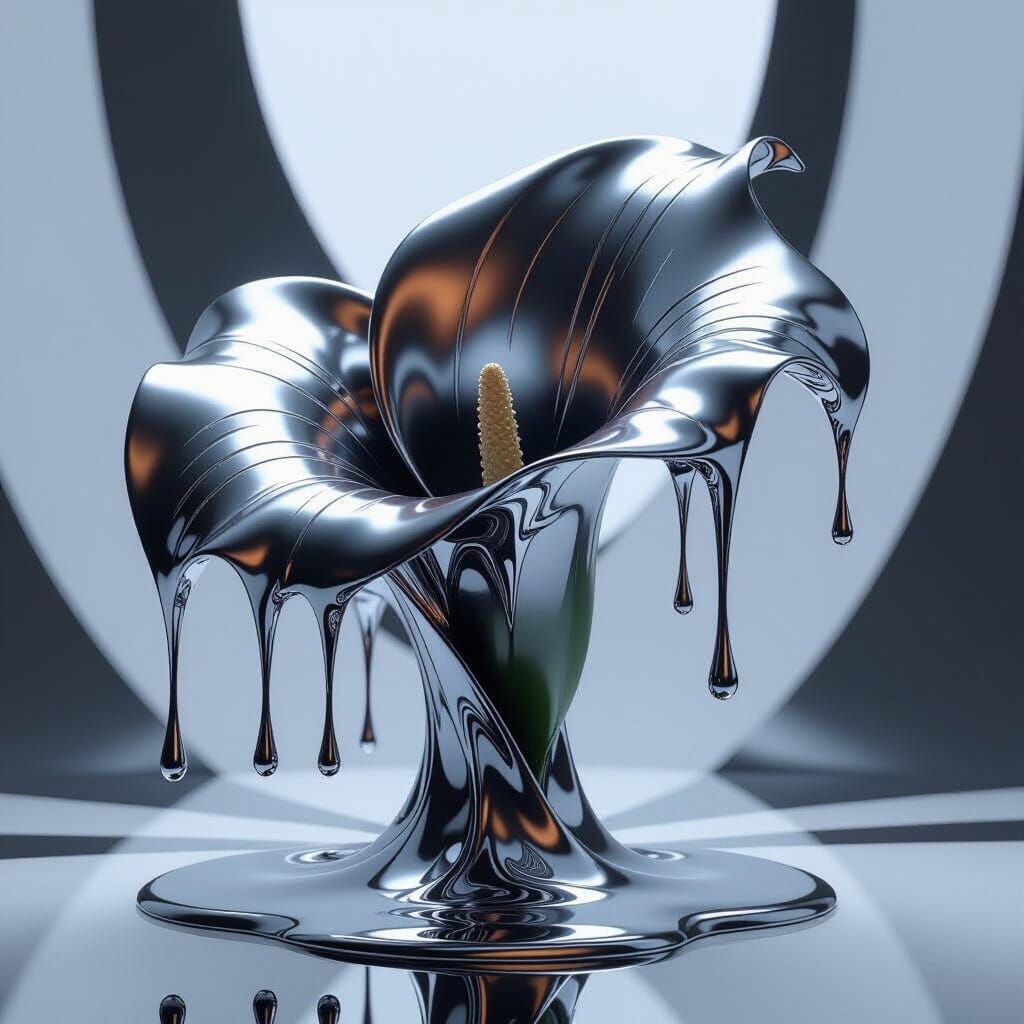 Liquid Metal Calla Lily Sculpture in B&W Style
