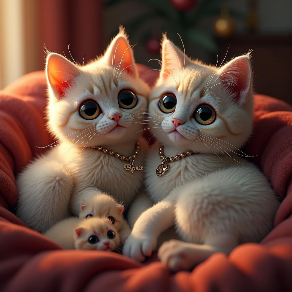 2 adult furry cats with 3 cute kittens