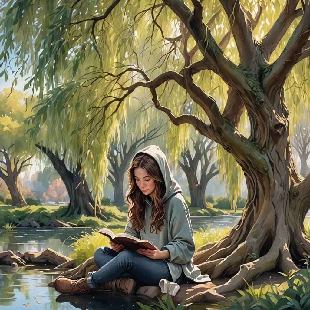 Girl Reading Under Willow Tree: Digital Matte Painting