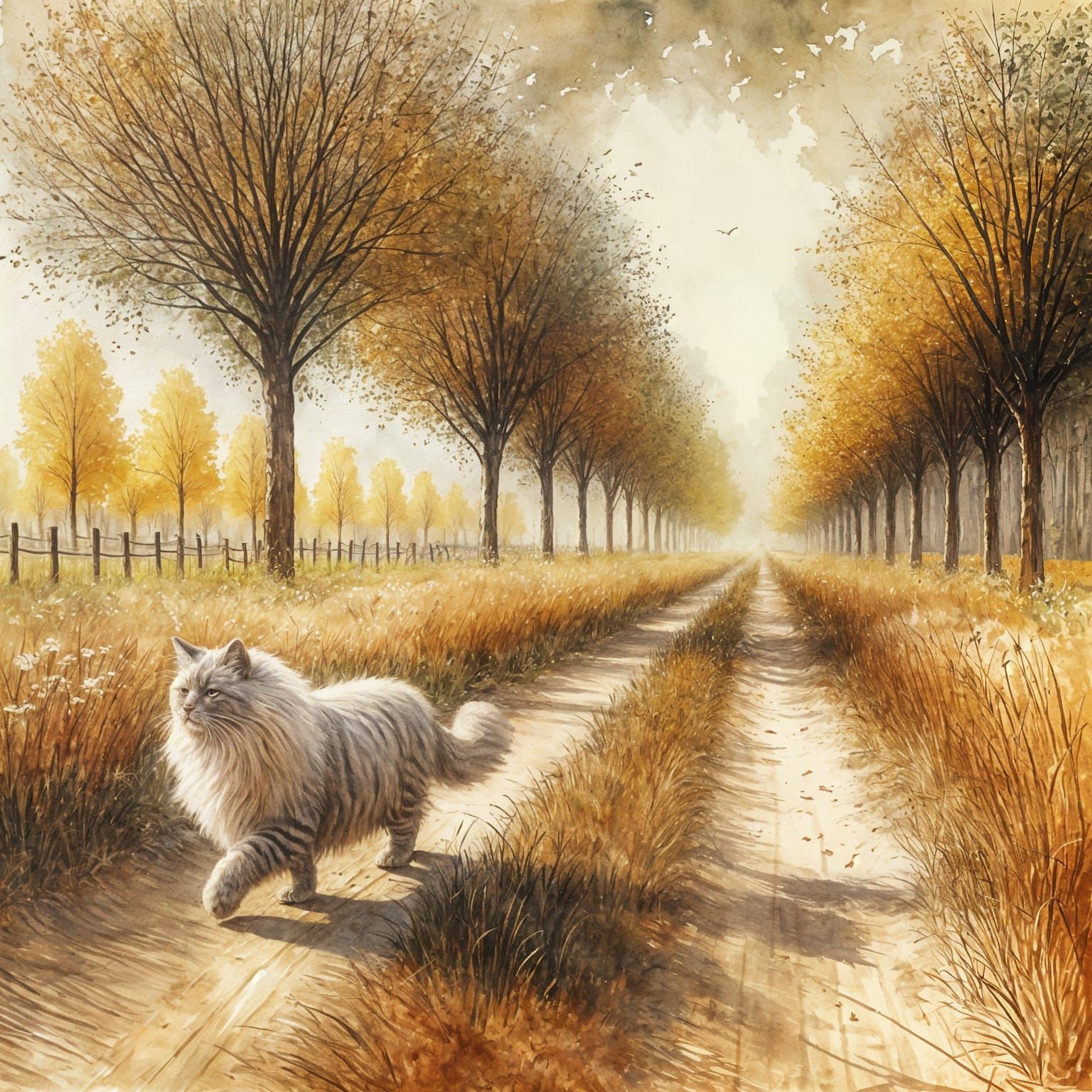 Fluffy Cat in Autumnal Watercolor Landscape