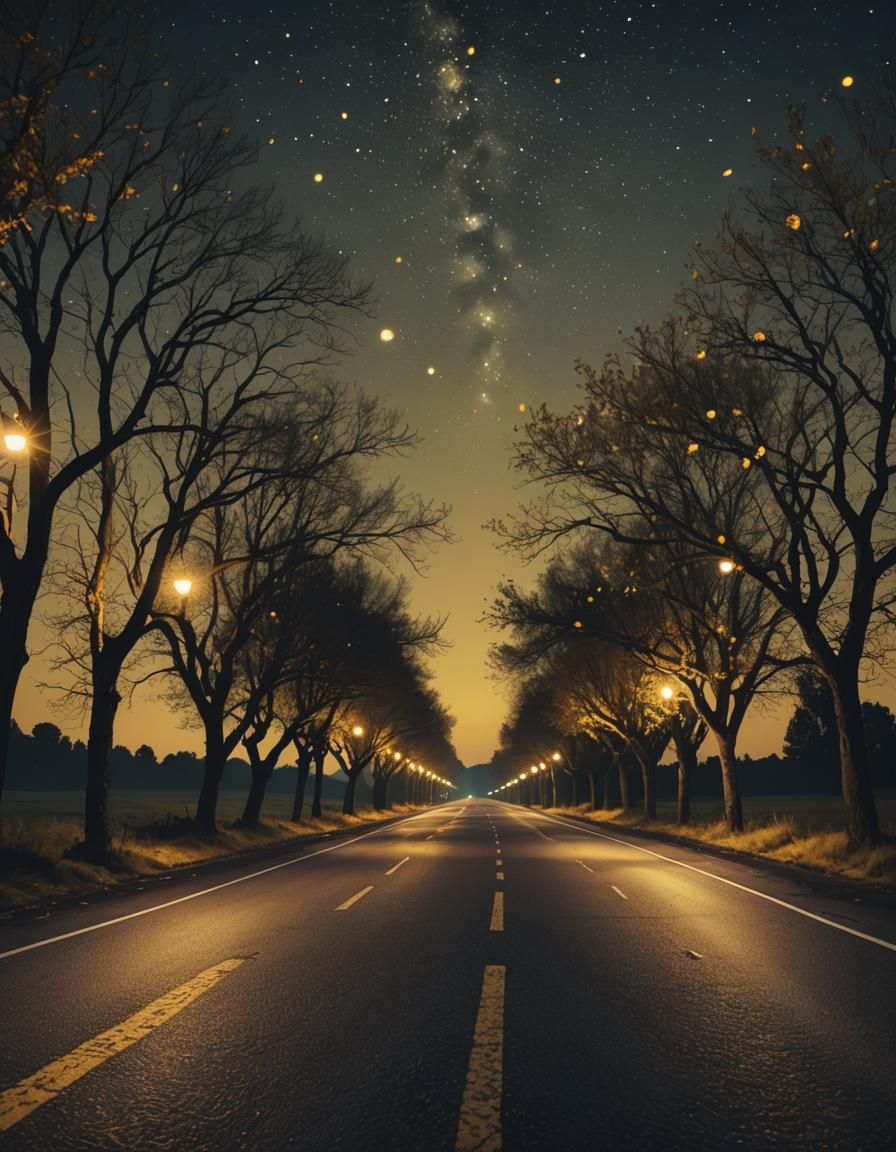 Deserted Night Road in Tranquil Countryside