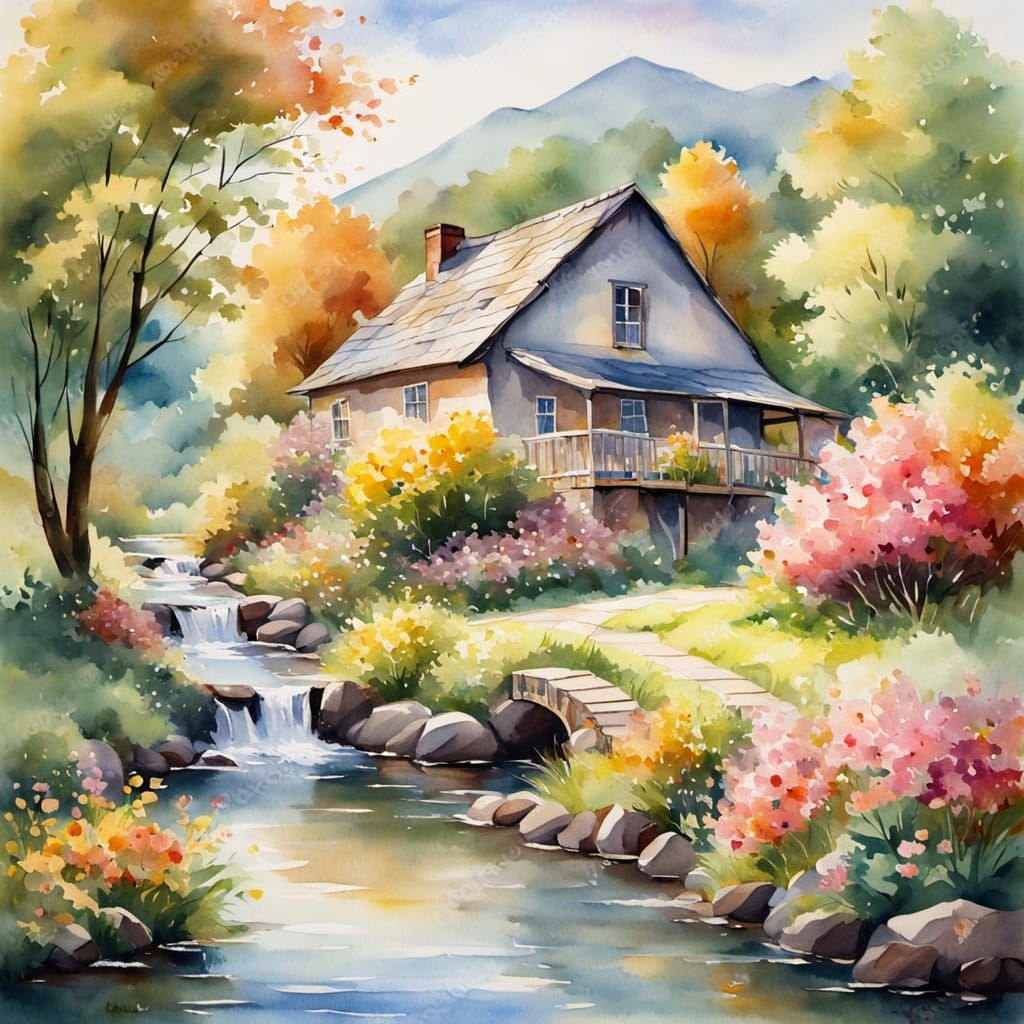Idyllic Village House in Watercolor Impressionism