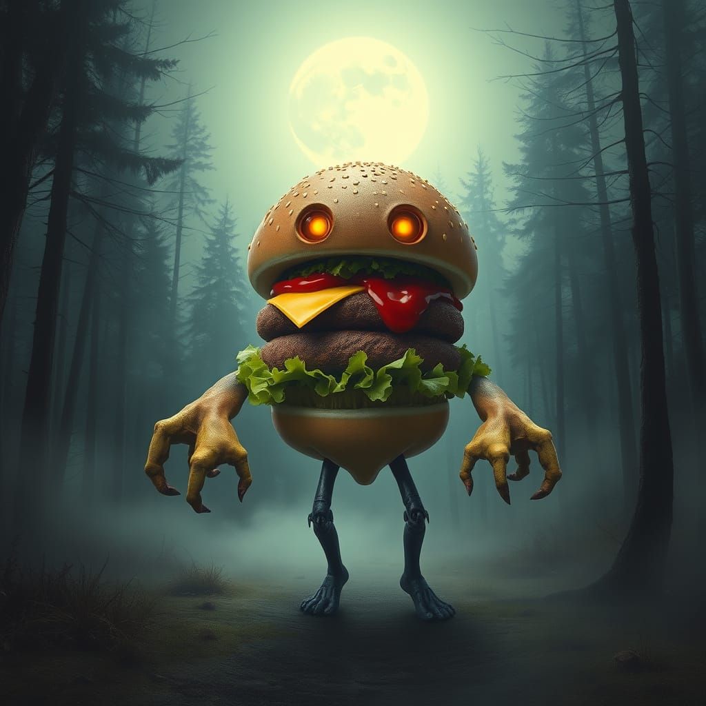 Surreal Burger Beast Emerges from Misty Forest