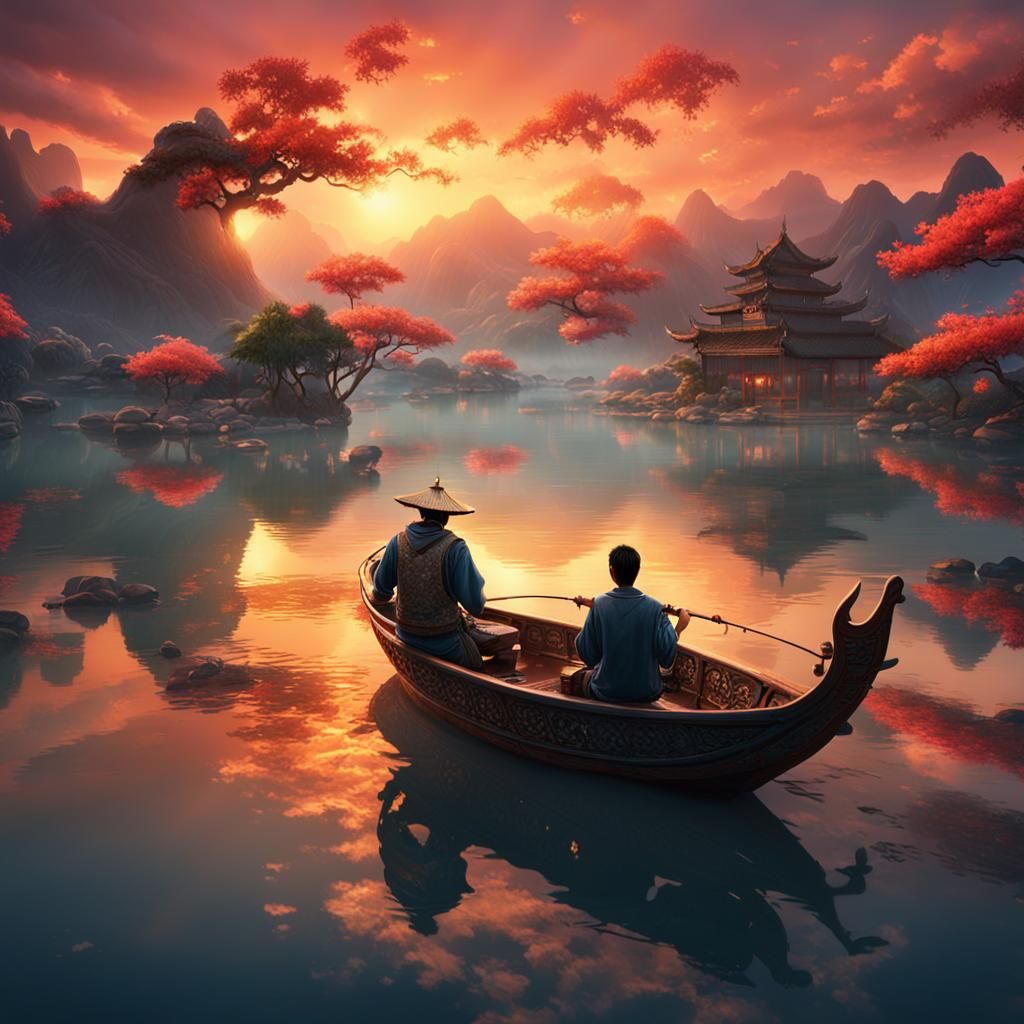 Peaceful Sunset Fishing Scene in Chinese Boat