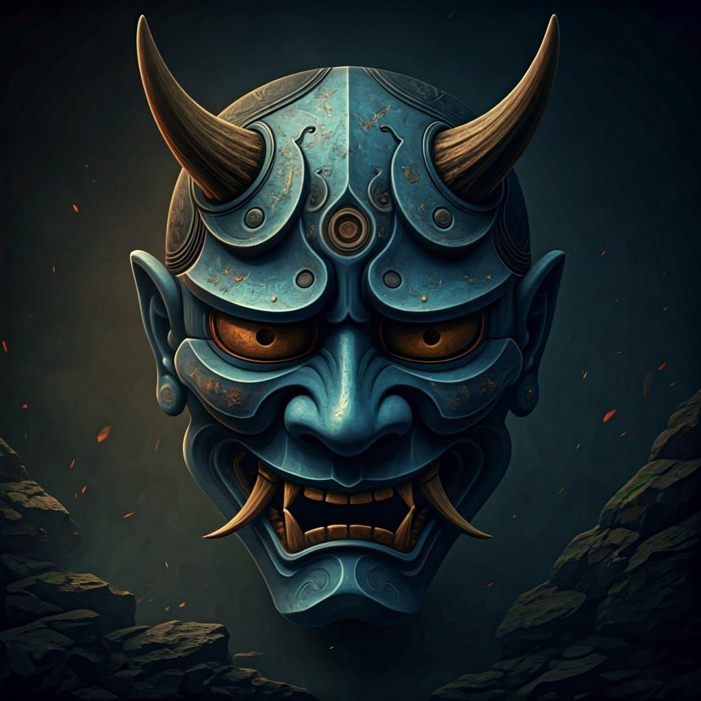 Ancient, Weathered Oni Mask in Triadic Colors