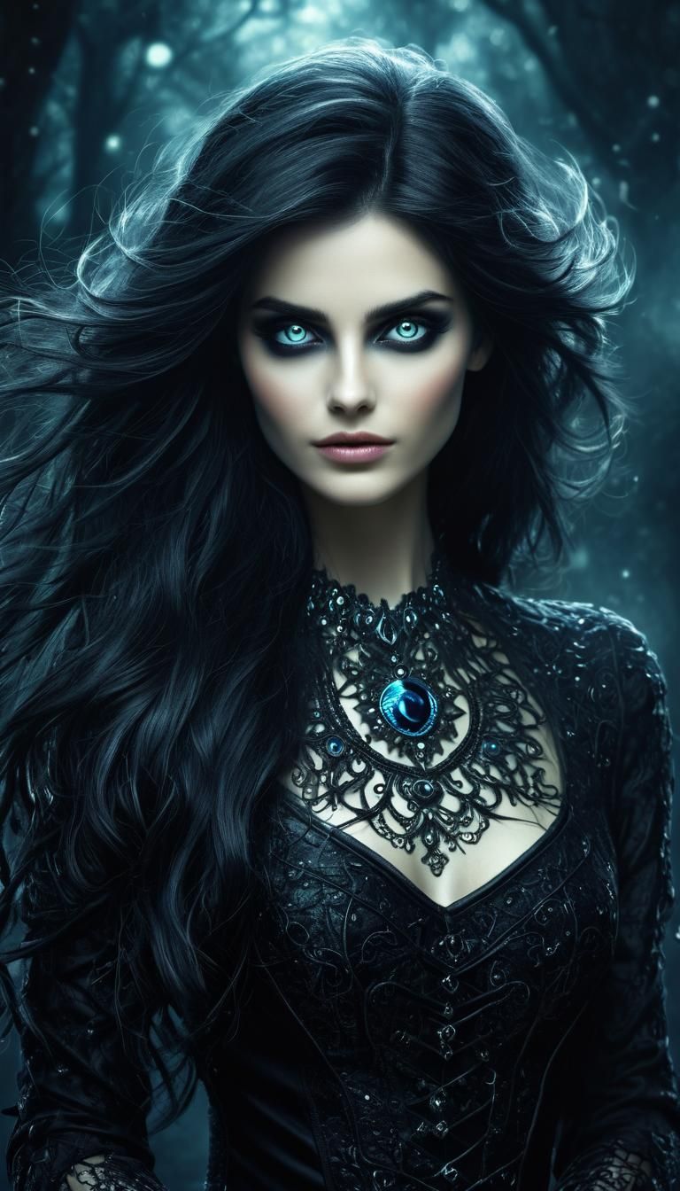 Enchanting Dark-Haired Witch with Beautiful Eyes