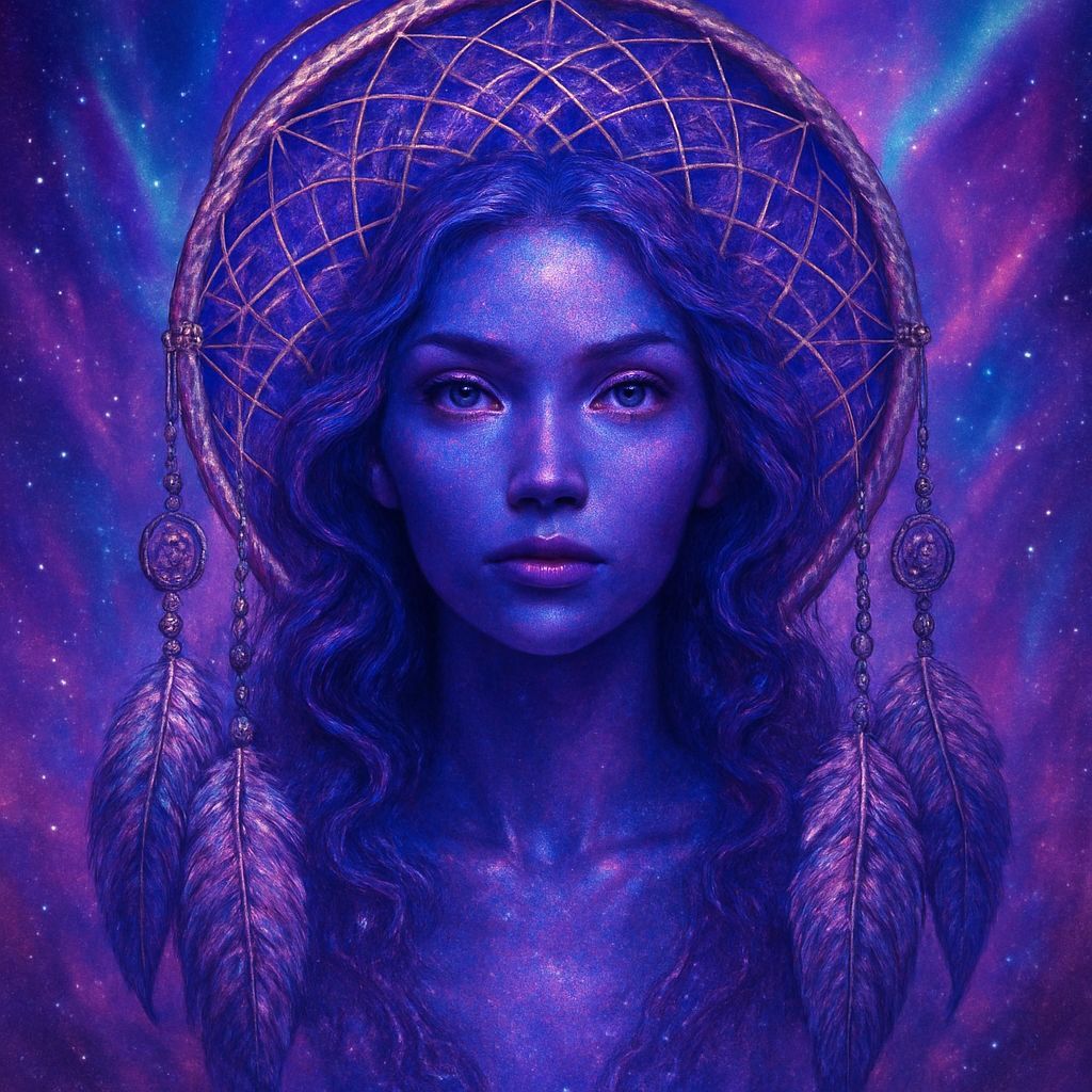 Cosmic Woman Portrait with Dreamcatcher and Aurora Sky