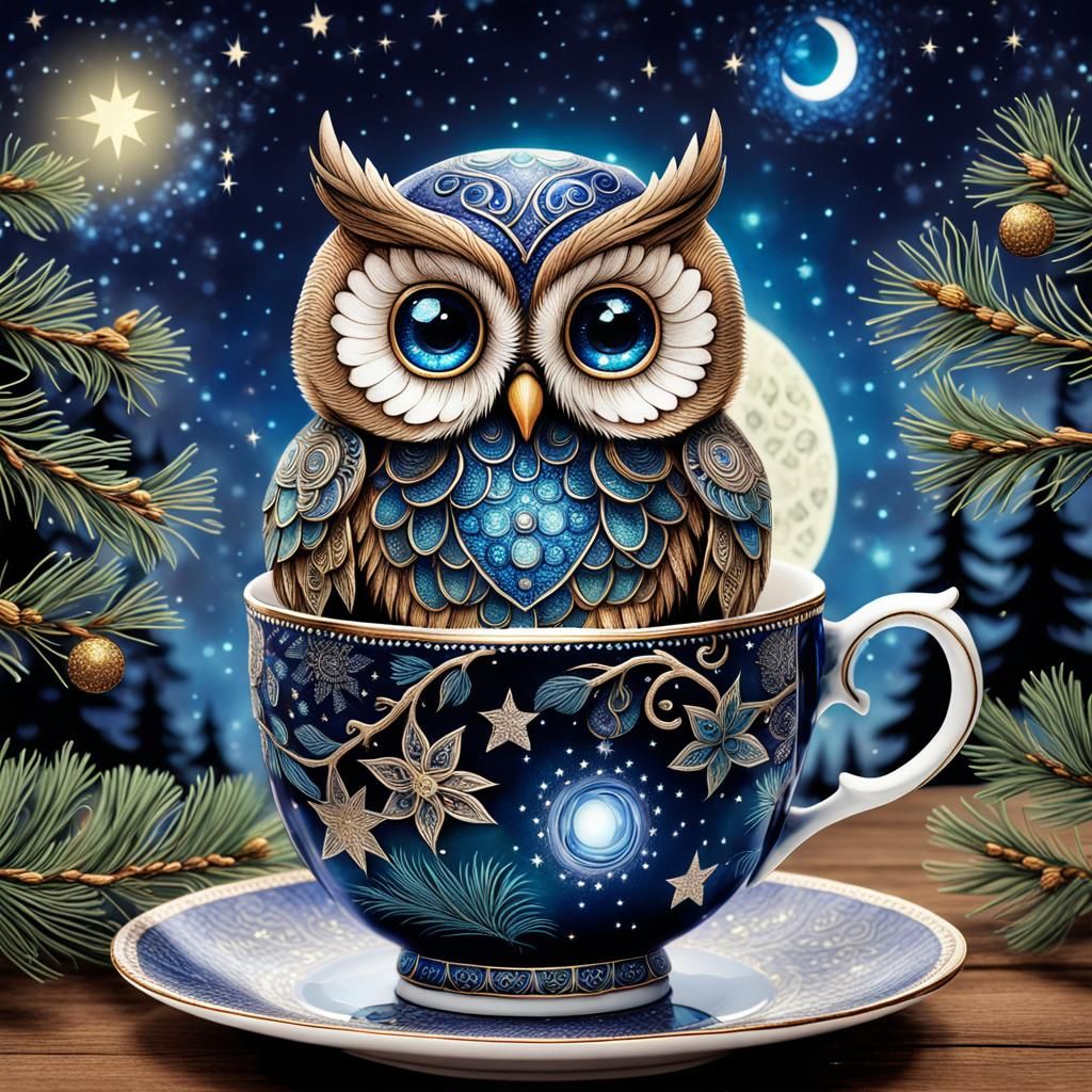 Owl in Teacup Under Mystical Starry Night