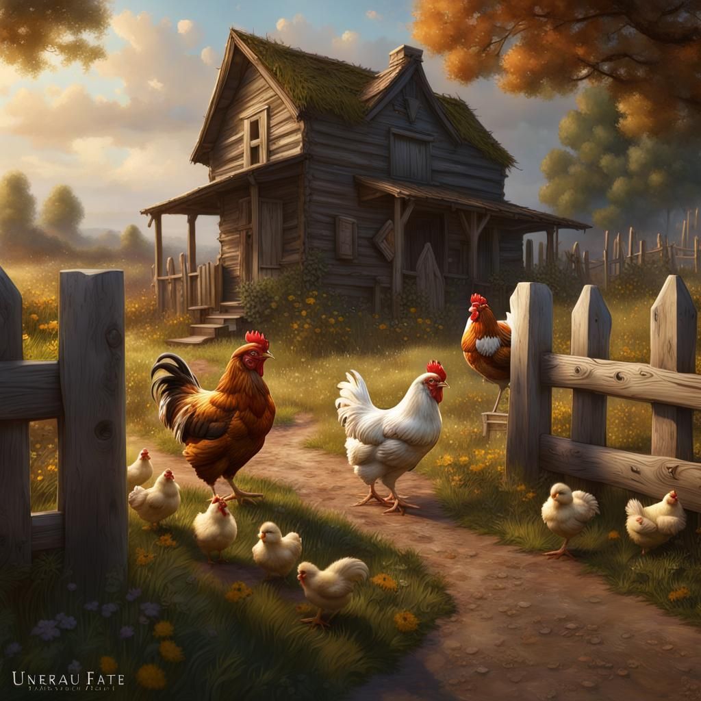 Whimsical Farm Scene: Mother Hen and Chicks