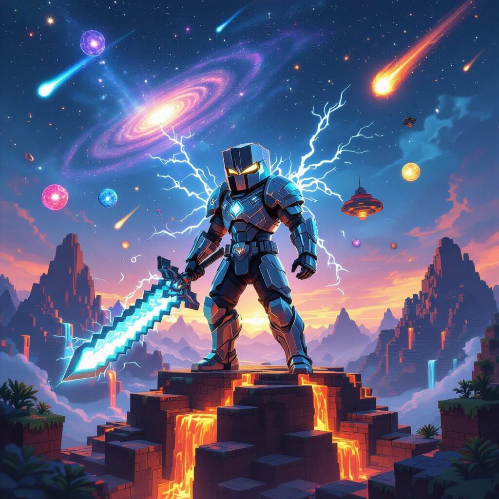 Futuristic Minecraft Warrior on Blocky Mountain