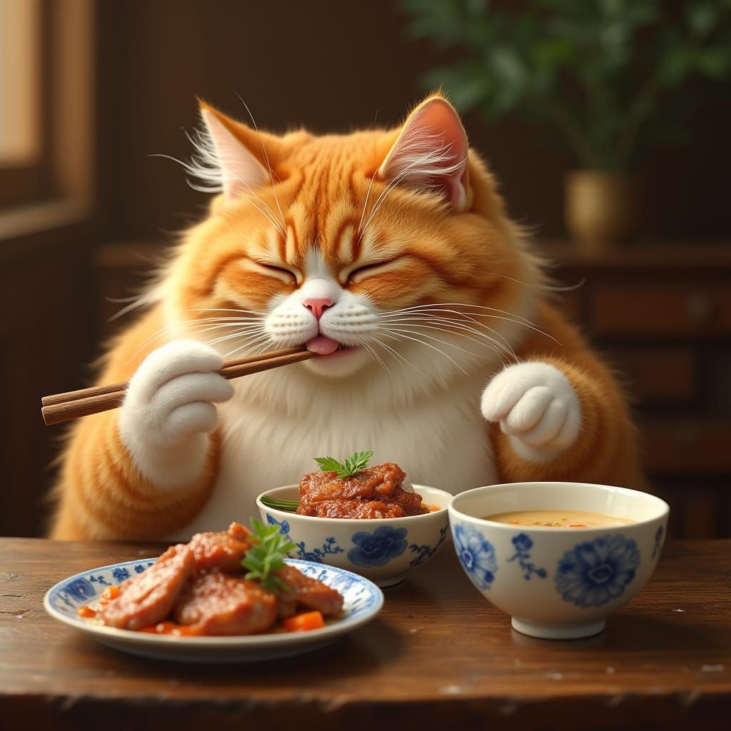 Gigantic Fluffy Cat Dines on Duck with Chopsticks in Cozy Go...