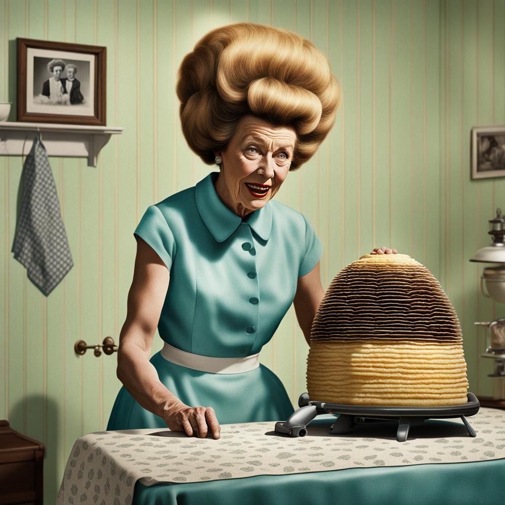 1950s Housewife Irons Giant Beehive Hairdo