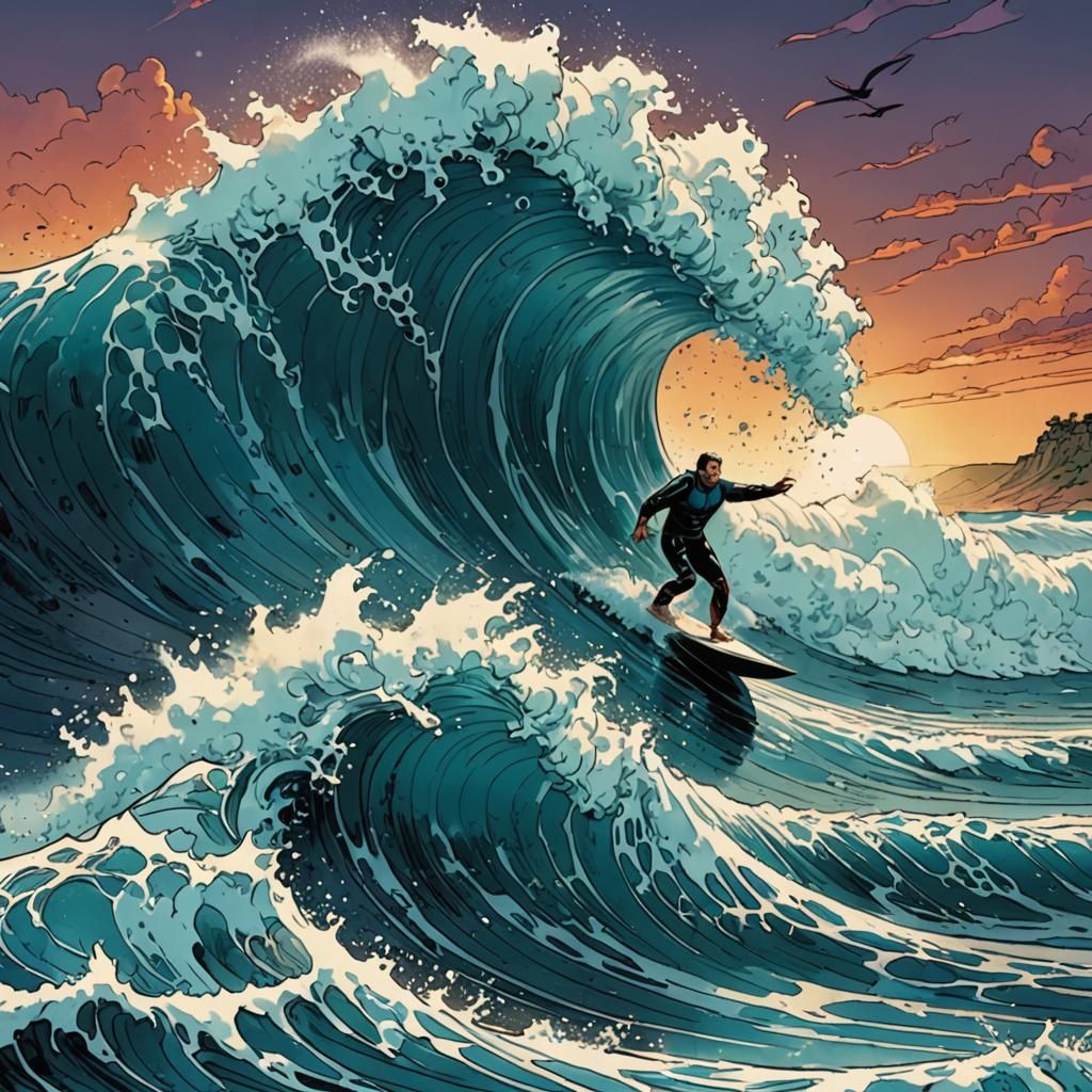 Surfer on Big Wave in Comic Book Style