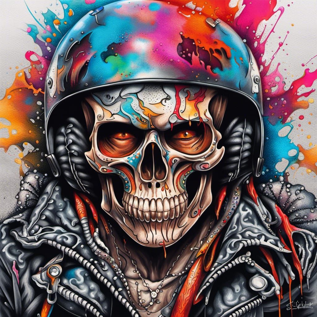 Biker with Skull Tattoo in Graffiti Art Style