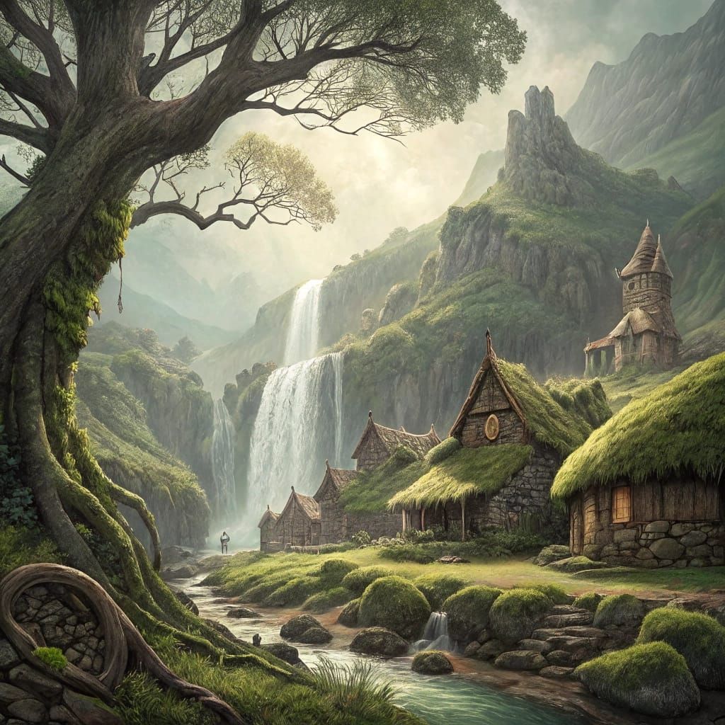 Images of An ancient Celtic world reflecting behind a tall waterfall