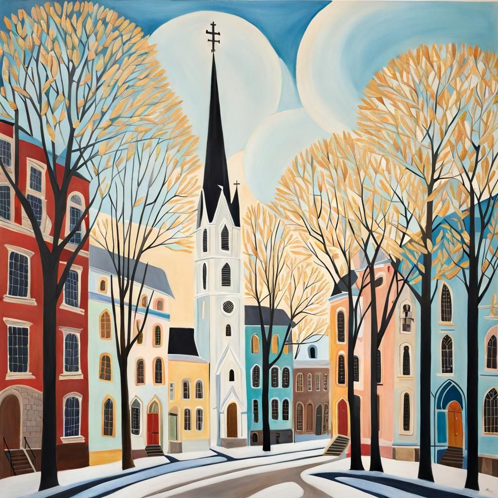 Winter Church Street Scene in Pastel Colors