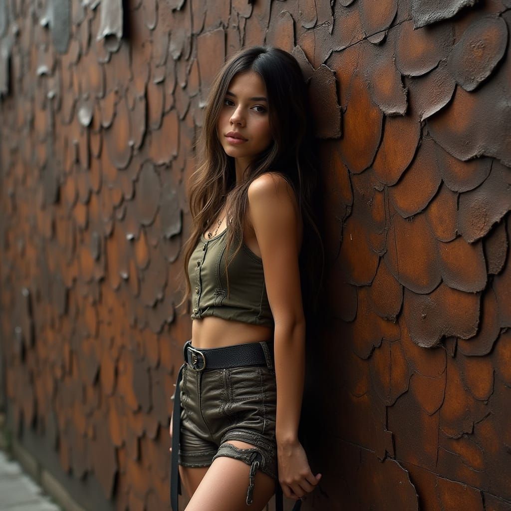 Confident Girl in Distressed Leather with Futuristic Industr...