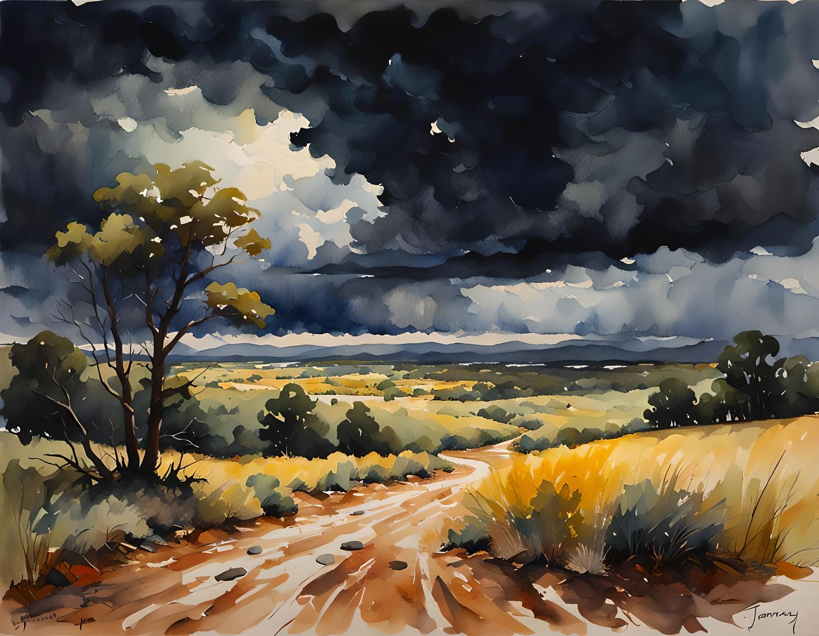 Dramatic Landscape: Stormy Sky in Watercolor Style