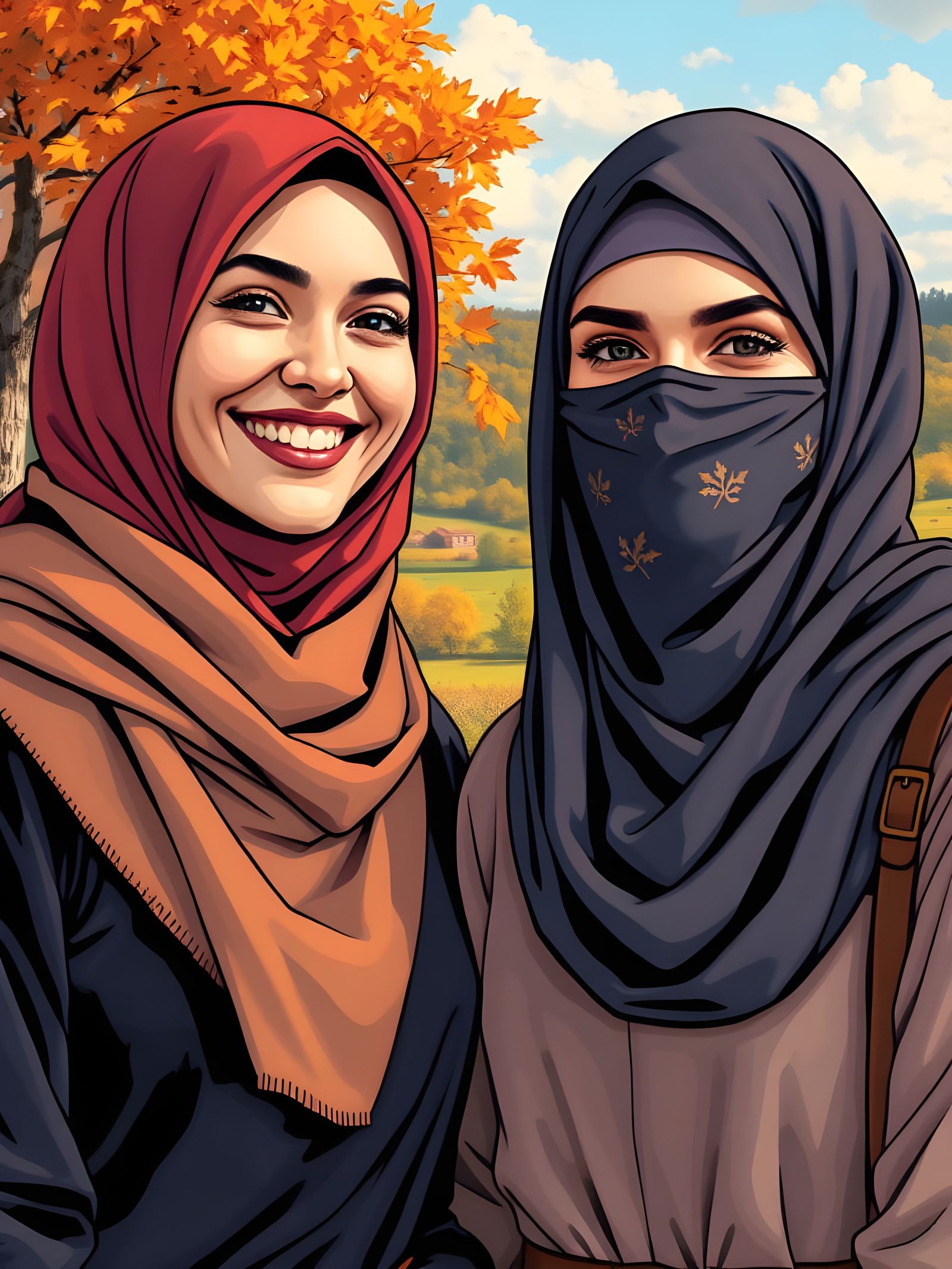 Two Hijab-Clad Women Friends in Autumn Comic Book Style
