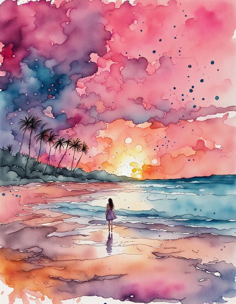Pink Sunset Beach Watercolour Painting