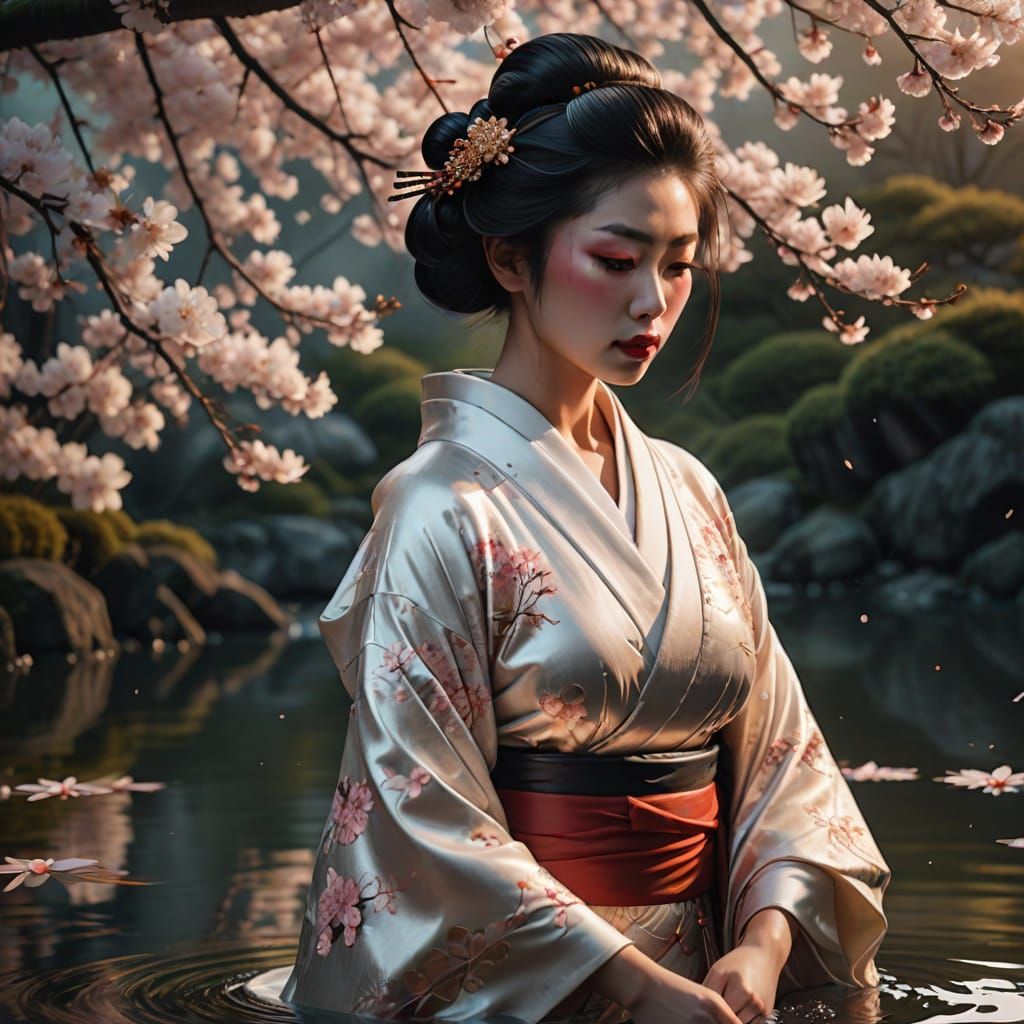 Ethereal Geisha in Serene Waterscape