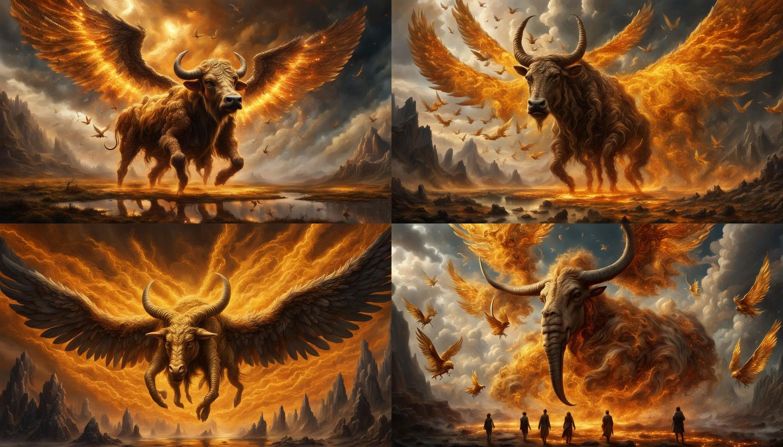 Epic Vision: Four Winged Figures in Amber Cloud