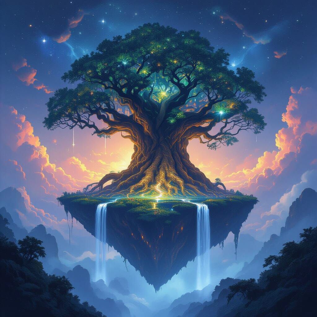 Ancient Tree on Floating Island in Nebula
