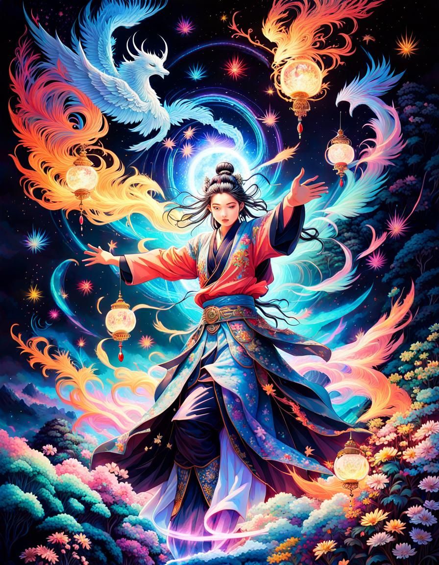 Oriental Wizard Casting Spell in Vaporwave Landscape