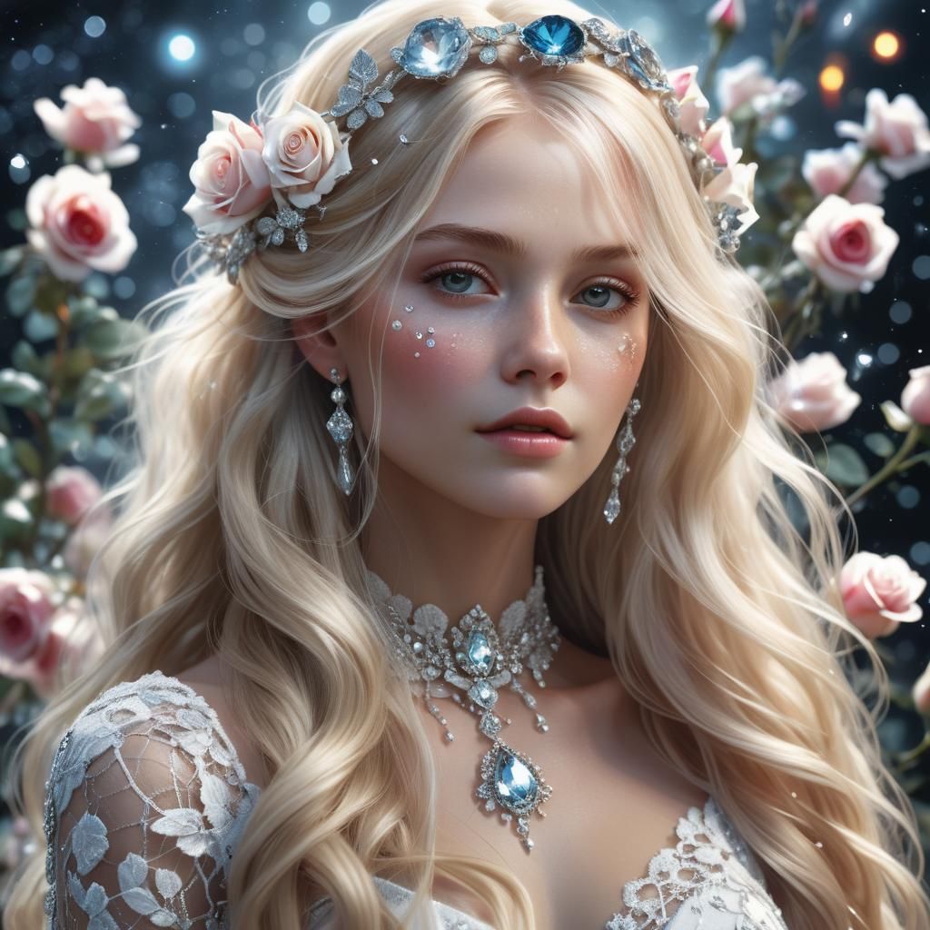 Ethereal Woman with Roses and Jewels in Photorealism