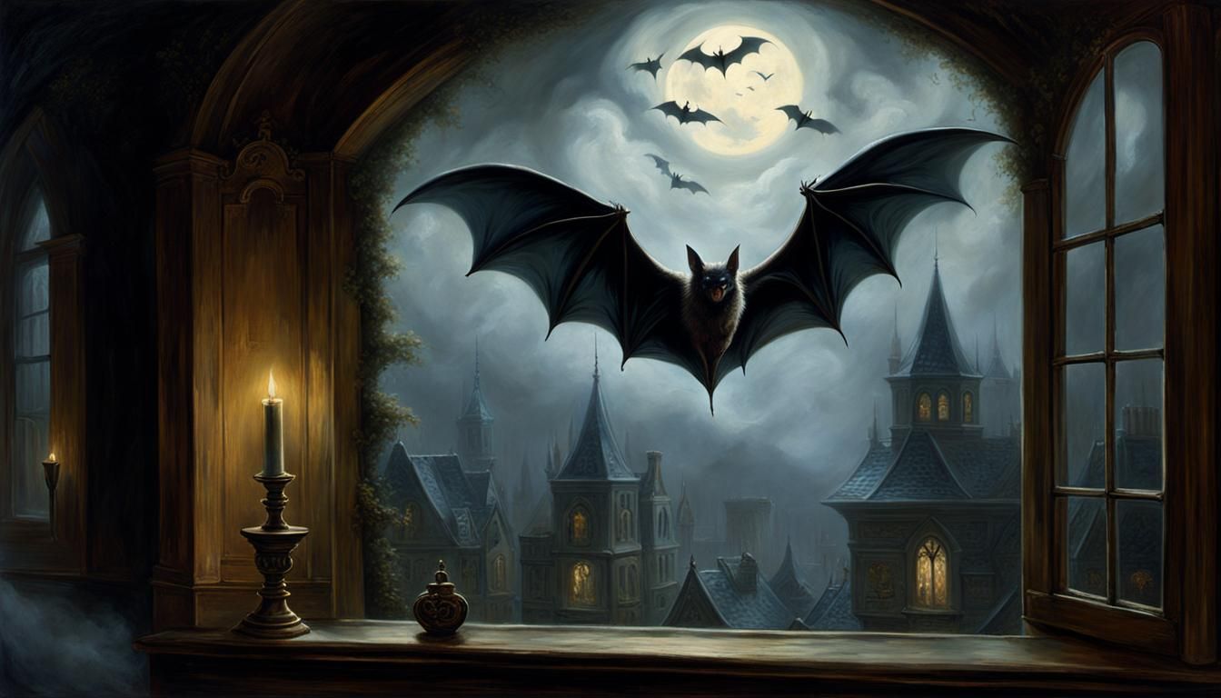 Great Bat at Window: Ethereal Oil Painting