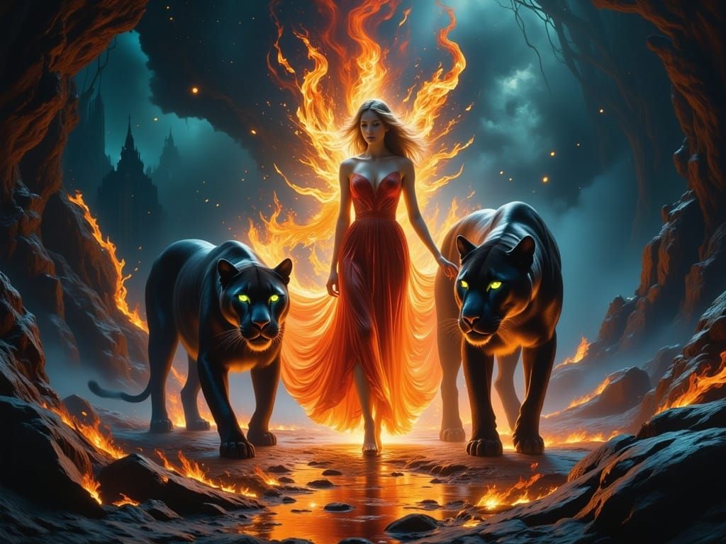 Celestial Fire Being Walks with Panther on Stardust Path