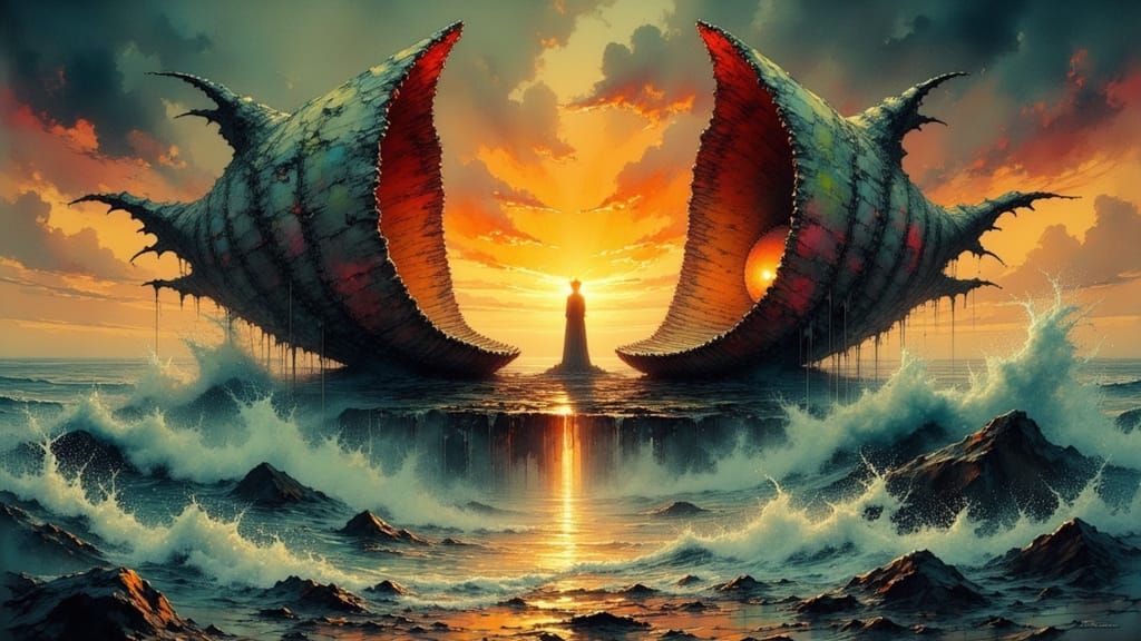 Colossal Clam Shells by a Lighthouse at Sunset