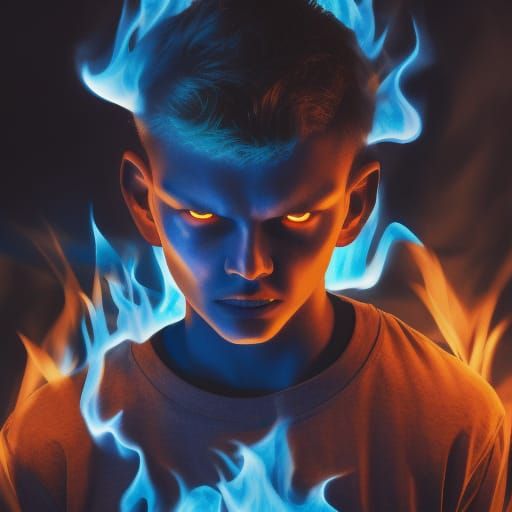 Teenage Demon Engulfed in Blue Flames