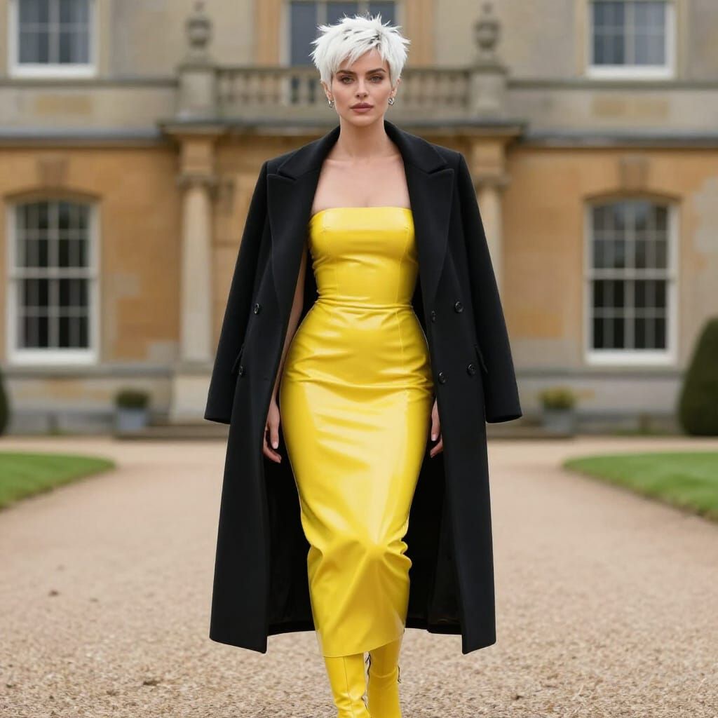 Woman in Yellow Latex Dress Outside Mansion