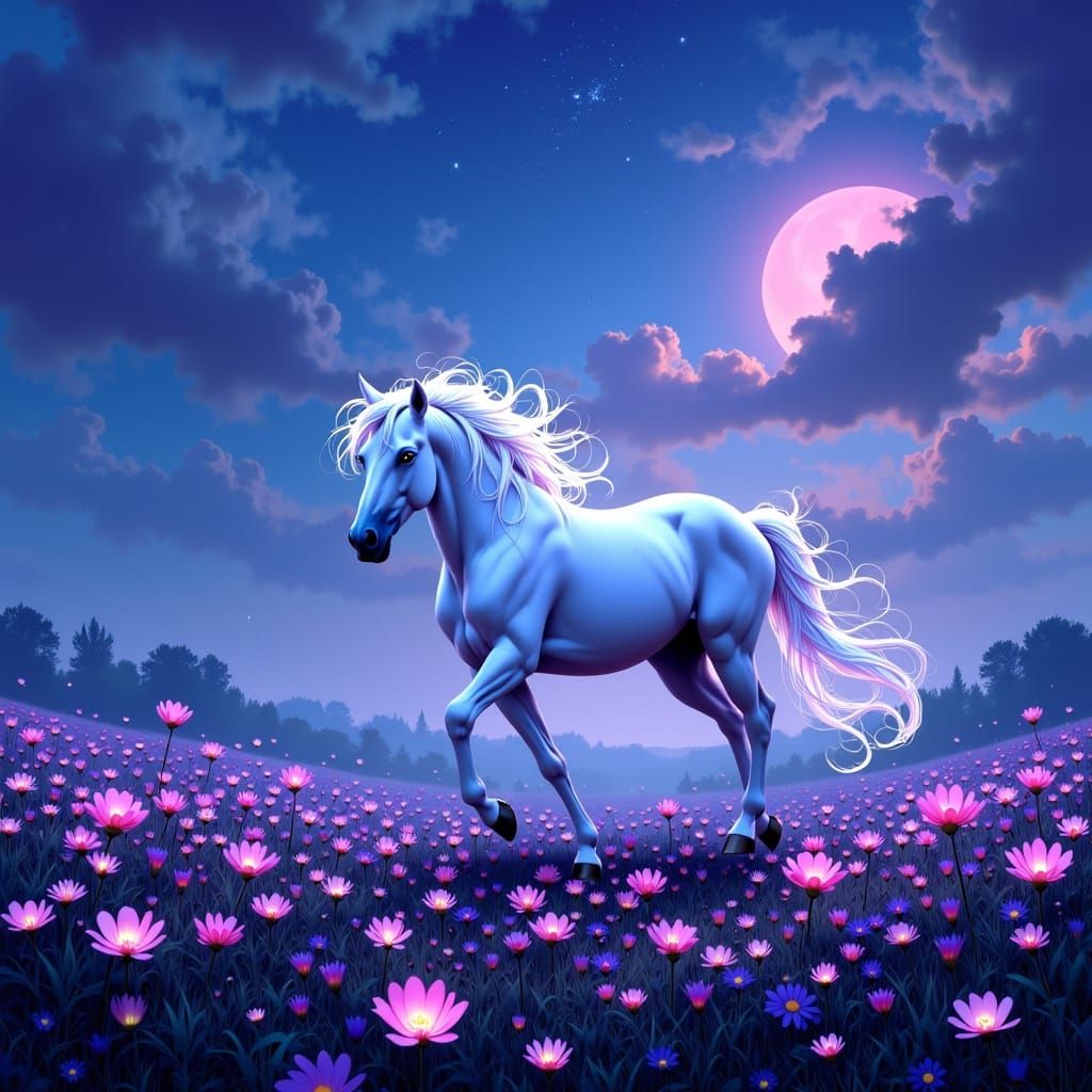 White Horse Gallops Through Bioluminescent Flowers Under Twi...