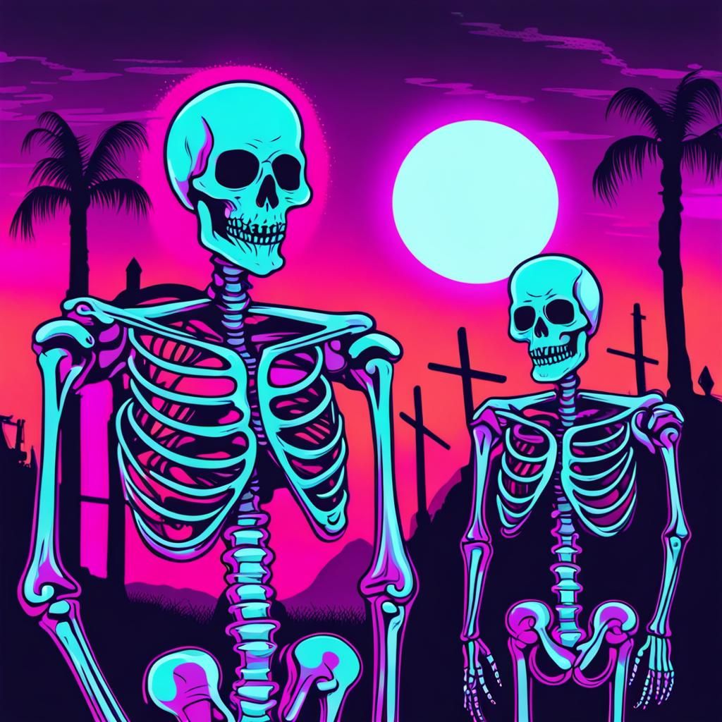 Synthwave Skeletons Graveyard Party in Neon Retro Style
