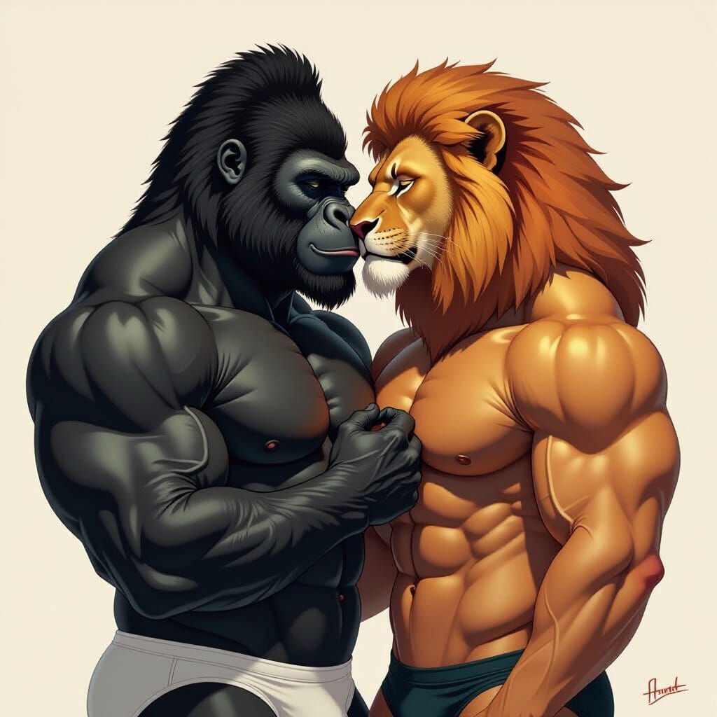 Romantic Kiss: Gorilla and Lion in Art Deco Style