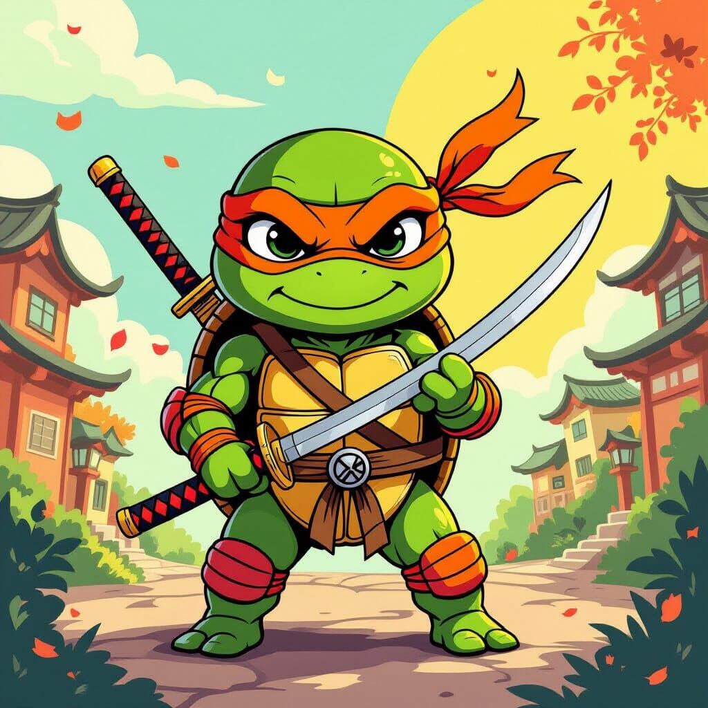 Ninja Turtle with Orange Mask in Playful Style