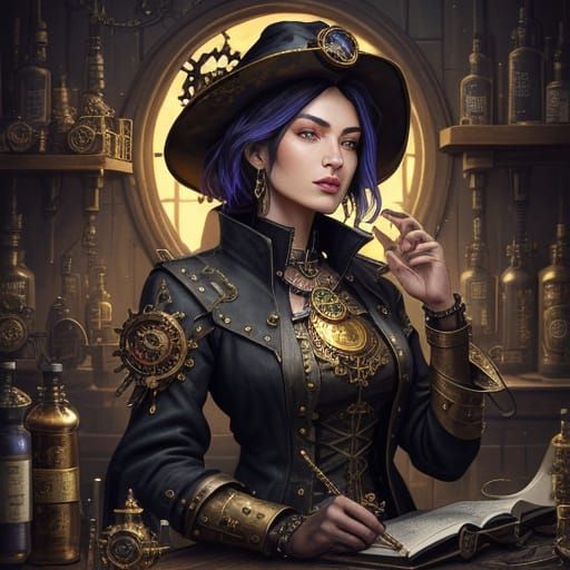 Steampunk Witch Workshop With Mechanical Ravens and Gears