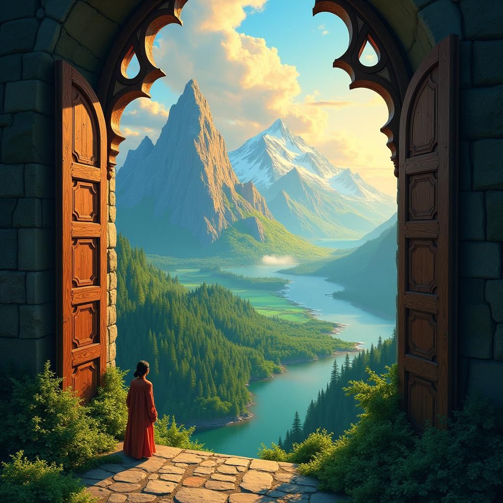 Castle Window View of Verdant Mountain Landscape