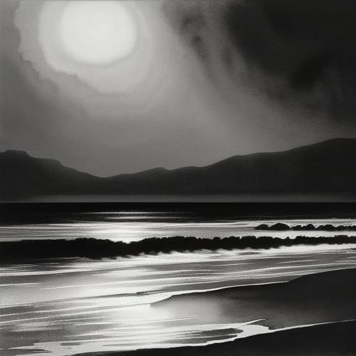 "watercolor painting of a beach with realistic elements black and white hyperdetailed glowing luminous Greg Rutkowski, s...