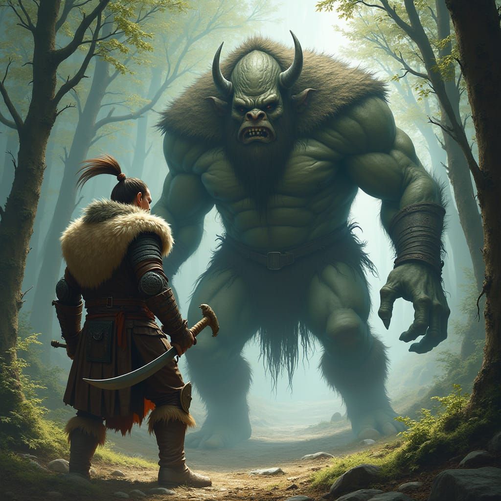 Viking Warrior Battles Troll in Mystical Forest