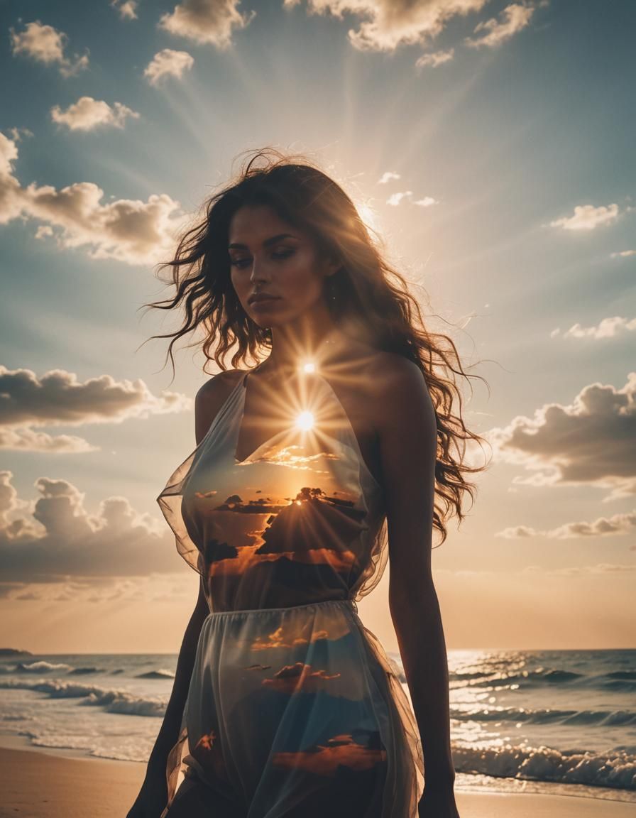 Sunset Beach Silhouette with Double Exposure