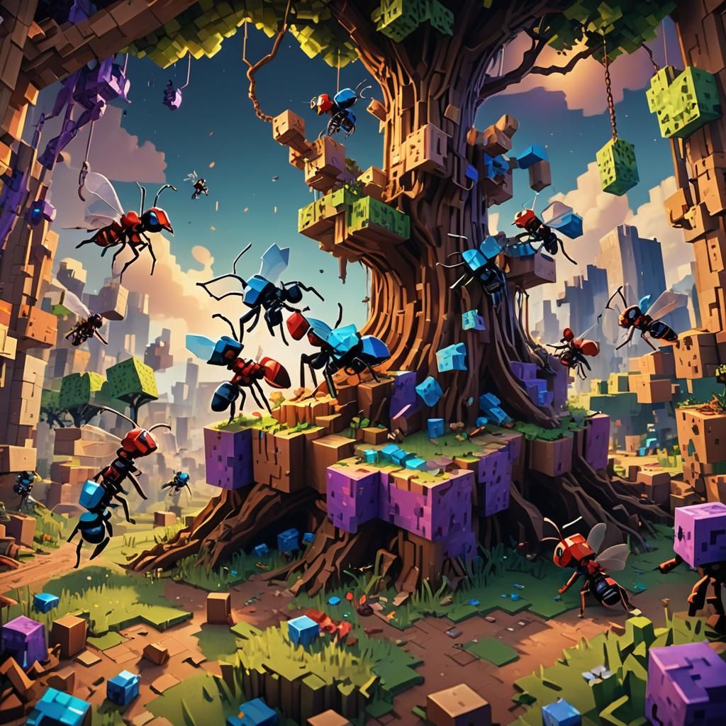 Ants Play Minecraft in Detailed Fantasy Art